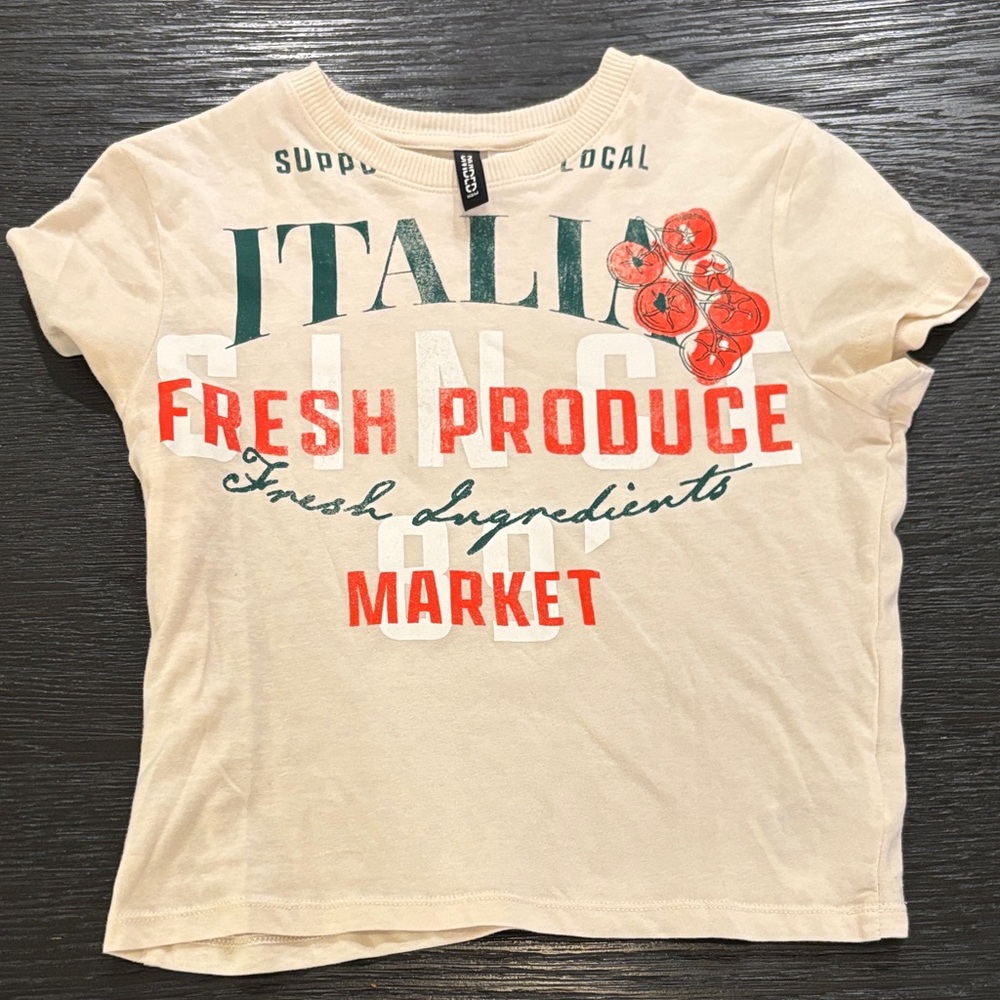 H&M Cream Graphic Tee with Red and Green Accents